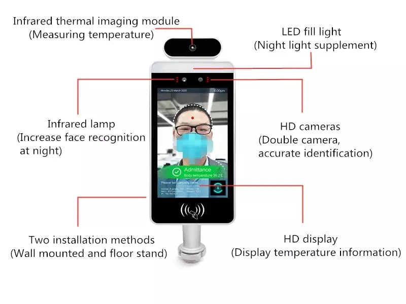 Temperature Screening Kiosk, Non-Contact, with Facial Recognition Software